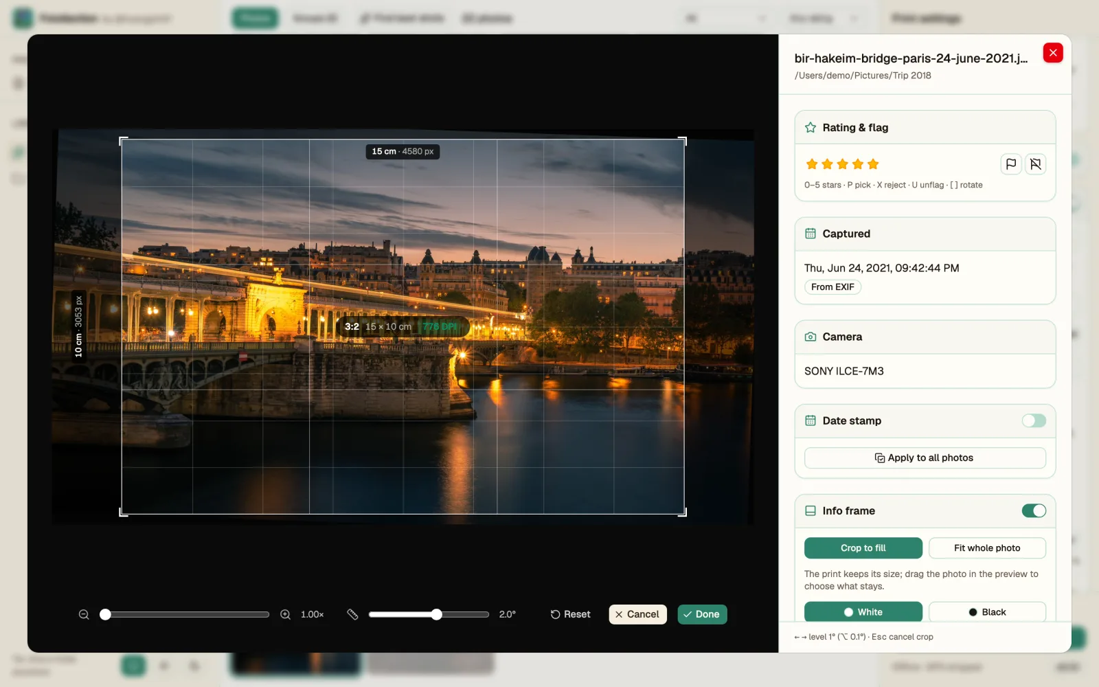 Straightening a horizon in the crop editor